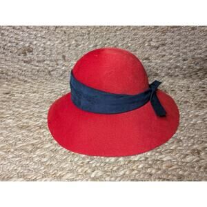 Vtg Red Rose Felt Black Ribbon Trim Cravenette Cloche Hat Halston